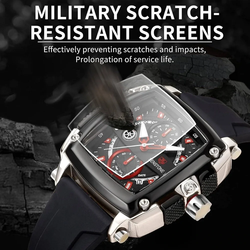 Senstone Mens Watch Black Square Chronograph Sports Silicone Strap X0045GCRD9